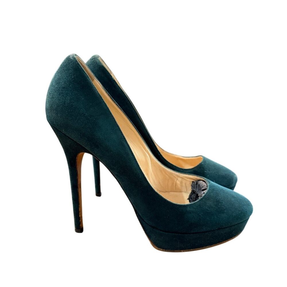 Jimmy Choo 38 Forest Green Cosmic 120 Platform Suede Pumps Stiletto Heels 8 - Picture 2 of 8